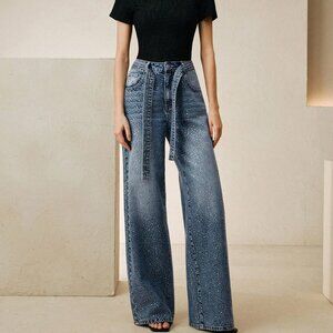 Blue Party Women's Rhinestone Straight Leg Baggy Denim Jeans